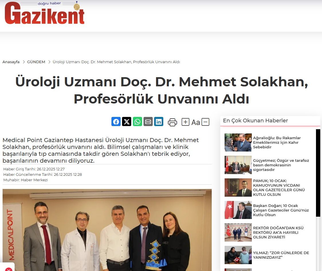 Üroloji Uzmanı Doç. Dr. Mehmet Solakhan, Profesörlük Unvanını Aldı
