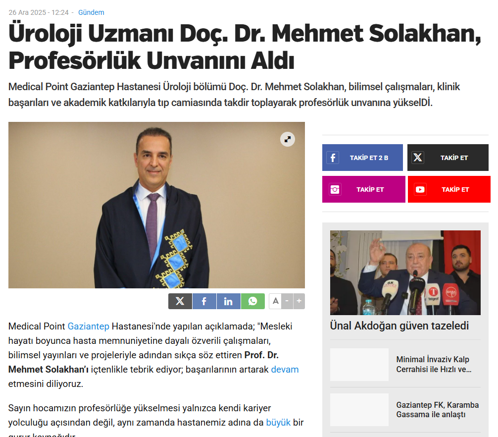 Üroloji Uzmanı Doç. Dr. Mehmet Solakhan, Profesörlük Unvanını Aldı